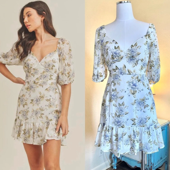 Lush Dresses & Skirts - NWT Lush Clothing Floral Mini Dress, Puff Sleeves, Cut Out Back, Ivory, Medium